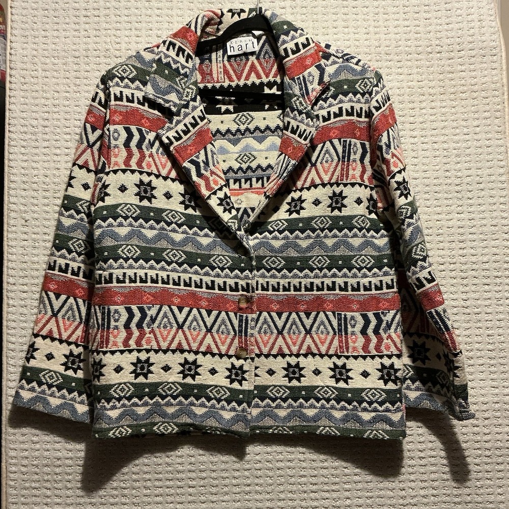 Vintage Keren Hart Aztec Print Jacquard Jacket Women Medium Rare Cotton 80s‎ 90s